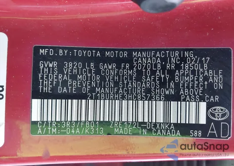 2017 Toyota Corolla Le from USA, damaged, VIN 2T1BURHE3HC857366